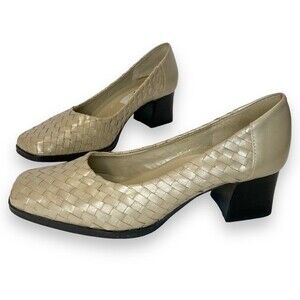 Pesaro | Woven Light Taupe Block Heel Pumps | Size 5.5